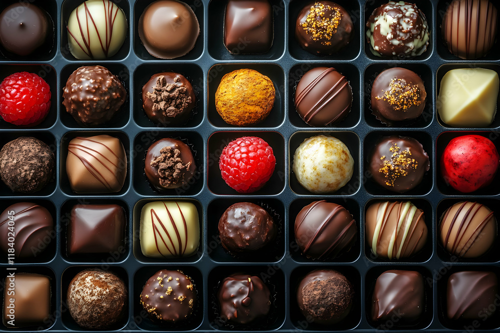 An assortment of gourmet chocolates in an elegant gift box, featuring a variety of flavors and textures, including dark, milk, and white chocolate tru An assortment of gourmet chocolates in an elegant gift box, featuring a variety of flavors and textures, including dark, milk, and white chocolate tru