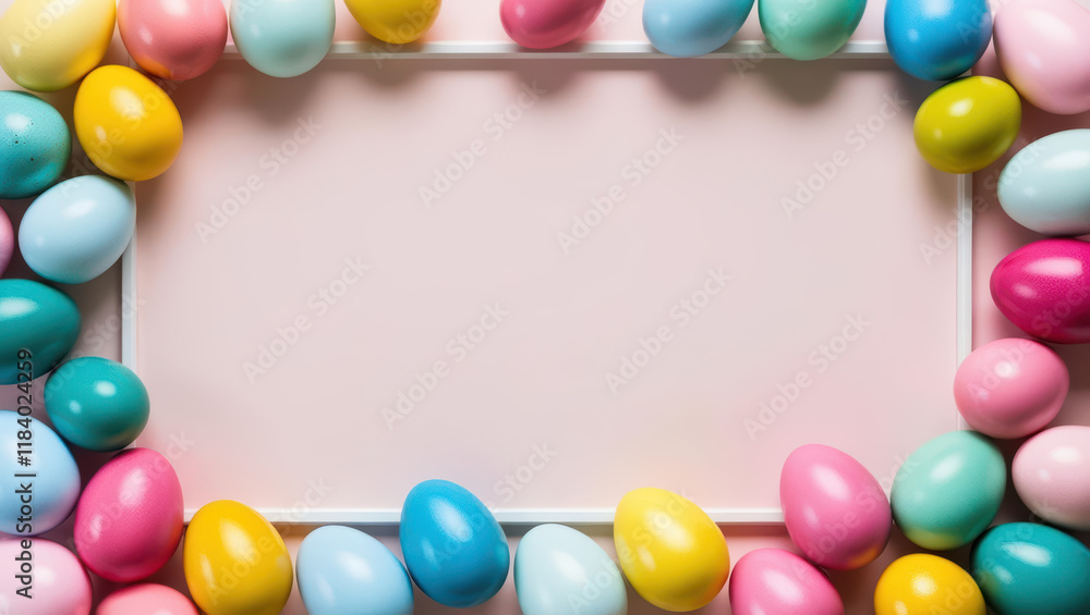 Colorful Easter eggs arranged in rectangular frame on pastel pink background, creating festive and cheerful atmosphere. Perfect for holiday designs and celebrations Colorful Easter eggs arranged in rectangular frame on pastel pink background, creating festive and cheerful atmosphere. Perfect for holiday designs and celebrations