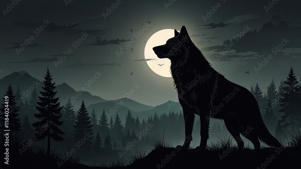 Wolf silhouette at night, moonlit mountains. Wolf silhouette at night, moonlit mountains.