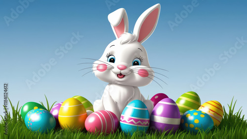 Wallpaper Mural cheerful white Easter bunny sits on green grass surrounded by colorful Easter eggs under clear blue sky, creating festive and joyful atmosphere Torontodigital.ca
