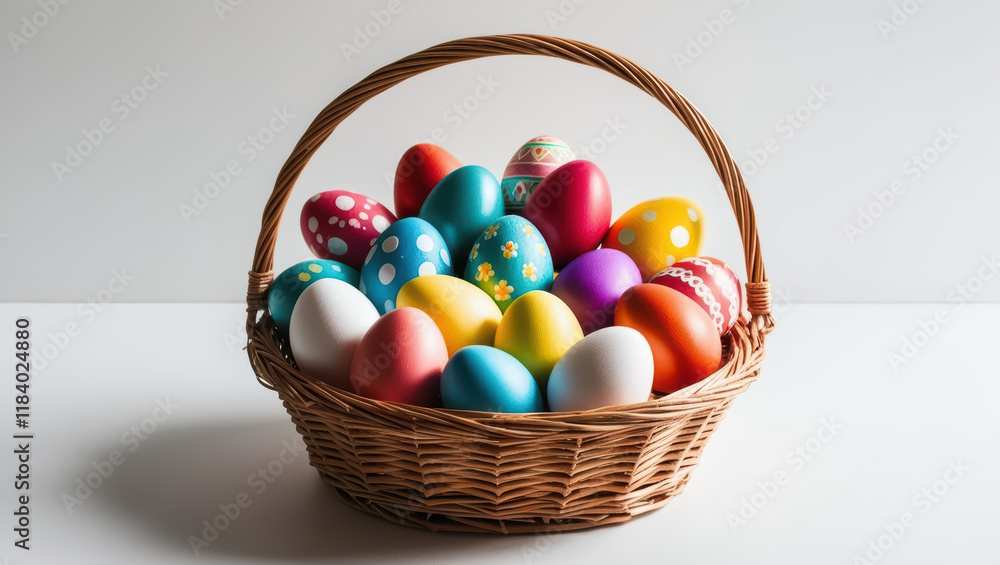 wicker basket filled with colorful, hand painted Easter eggs featuring various patterns and designs, placed on white background, creating festive and cheerful atmosphere wicker basket filled with colorful, hand painted Easter eggs featuring various patterns and designs, placed on white background, creating festive and cheerful atmosphere