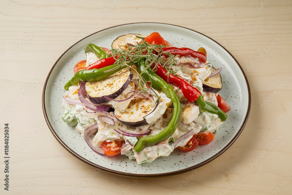 A plate of a creamy salad with green and red peppers, cheese, eggplant, onions, and tomatoes A plate of a creamy salad with green and red peppers, cheese, eggplant, onions, and tomatoes