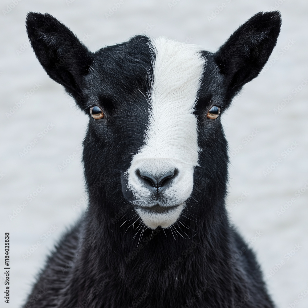 Obraz premium A black-and-white goat with sharp fur contrast against a gray sky background