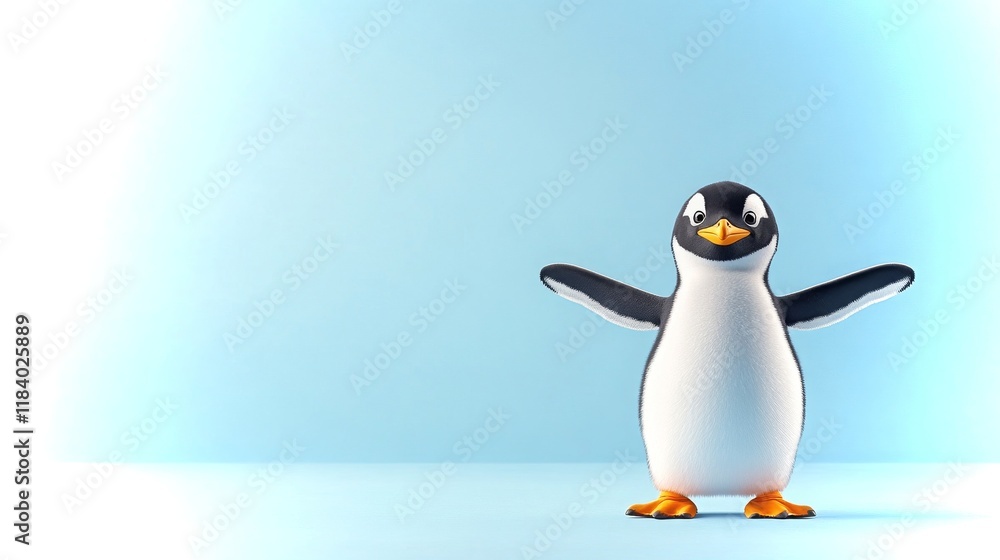 Obraz premium Playful penguin in classic tuxedo enjoying a lively moment against a soft blue backdrop