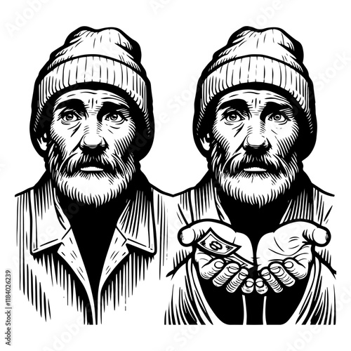 Homeless Man Begging with Coins vector