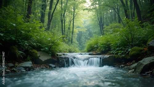 Serene White Water Stream Flowing Through Lush Green Forest, Nature Conservation Concept