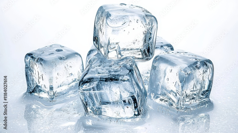 Clear Ice Cubes Piled on a Shiny Surface with Soft Lighting Clear Ice Cubes Piled on a Shiny Surface with Soft Lighting
