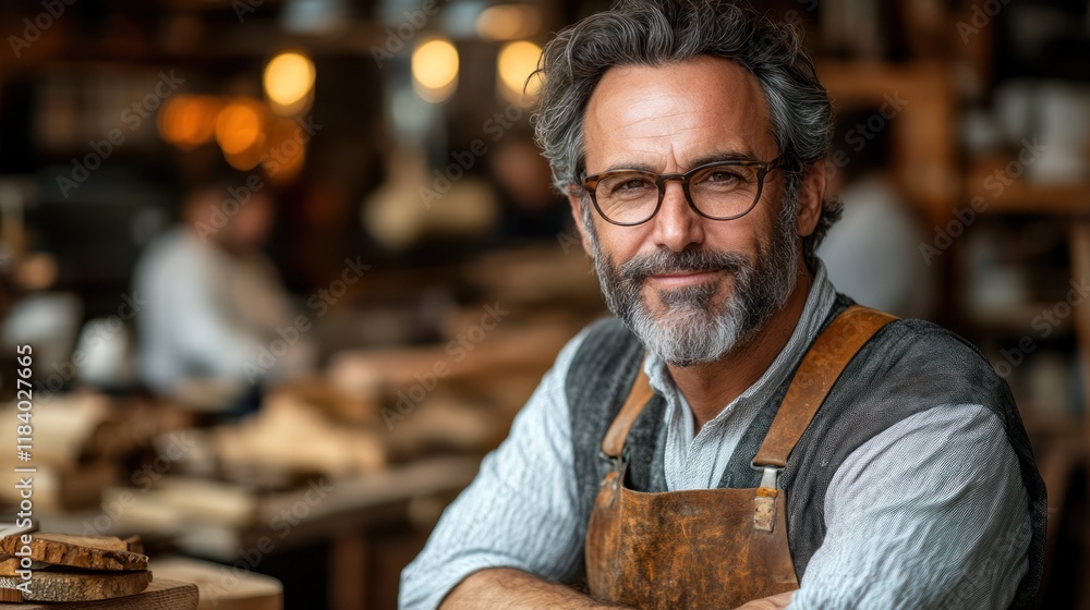 Craftsman smiling workshop portrait, wood background Craftsman smiling workshop portrait, wood background