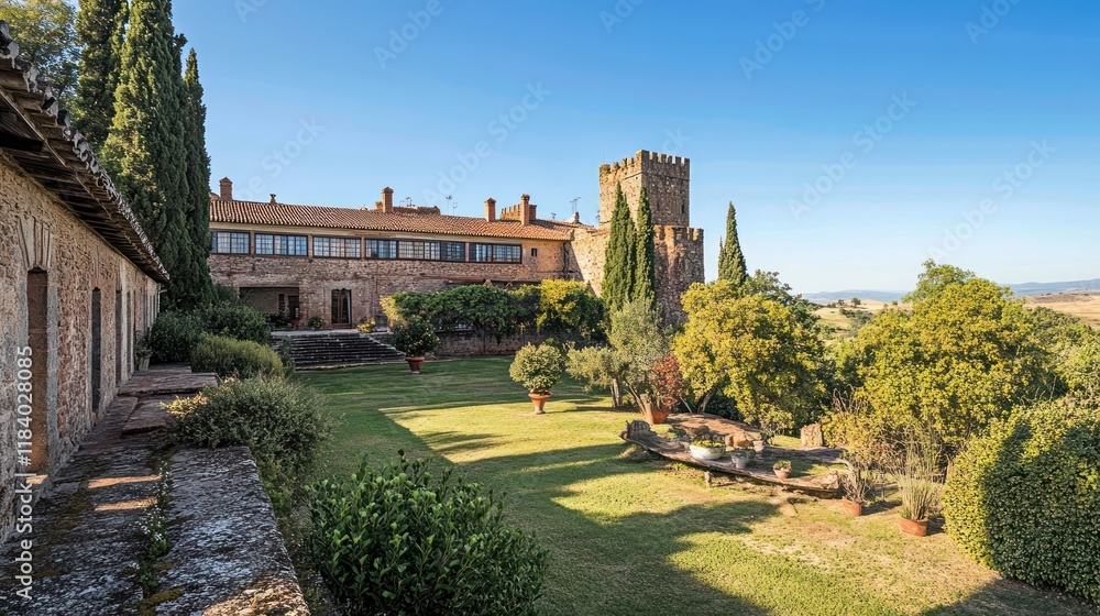 Fototapeta premium Tuscan Villa Garden, Courtyard, Tower, Hills, Sunlight, Italy, Real Estate