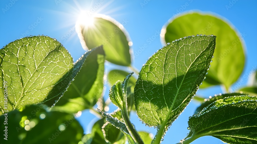 Close-up of sunlight passing through leaves of a plant, with water droplets forming on the surface to illustrate the process of natural transpiration in plants. Close-up of sunlight passing through leaves of a plant, with water droplets forming on the surface to illustrate the process of natural transpiration in plants.