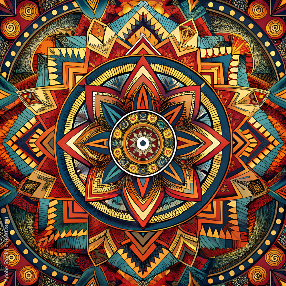 Obraz premium Intricate Geometric Mandala with Vibrant Colors and Patterns.