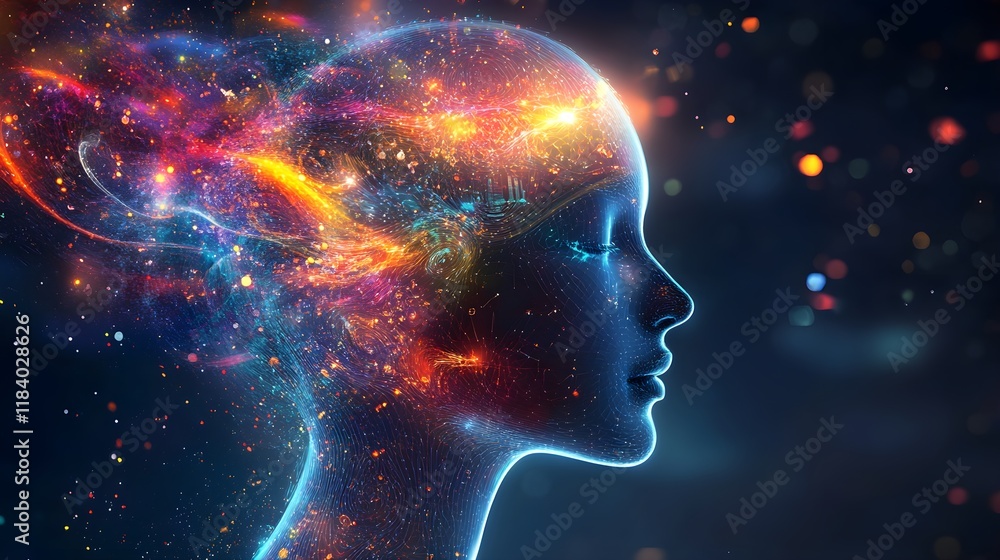 A human head silhouette filled with colorful swirling patterns and symbols of business and technology, representing the dynamic process of idea generation and creative thinking. The design highlights A human head silhouette filled with colorful swirling patterns and symbols of business and technology, representing the dynamic process of idea generation and creative thinking. The design highlights