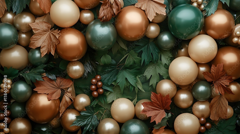 A rustic-themed balloon arch backdrop combining earthy tones like beige, brown, and forest green, accented with natural elements such as dried leaves and wooden textures. A rustic-themed balloon arch backdrop combining earthy tones like beige, brown, and forest green, accented with natural elements such as dried leaves and wooden textures.