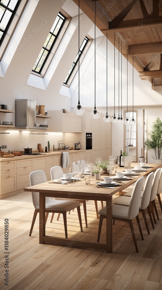 Dining room and kitchen in a new open plan home. Features White walls and ceiling and parquet floors. Dining room and kitchen in a new open plan home. Features White walls and ceiling and parquet floors.