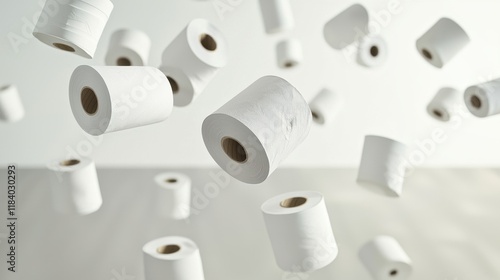 Falling White Toilet Paper Rolls in Air with Soft Focus on Background and Light Shadow Effects
