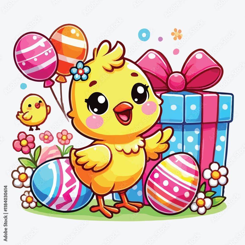 Obraz premium Cute little chick in cartoon style. Happy baby chicken for kids design stock illustration