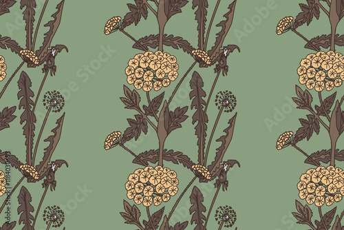 Botanical abstract seamless pattern with chrysanthemum vector illustration. Repeating line art floral print in vintage pastel colors. Graphic design for Wallpaper Wedding Cover Wrapping pack Textile