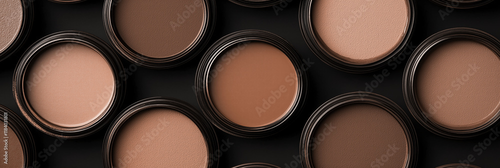 Fototapeta premium Mocha mousse, brown variety of foundation shades displayed in round containers, top view, makeup palette