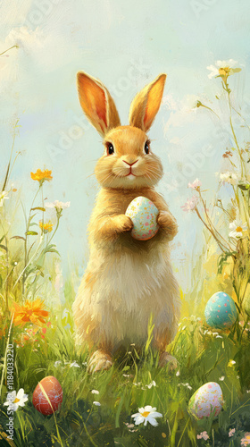 Easter bunny on a spring meadow with flowers with Easter eggs. Egg hunt. Vertical orientation.