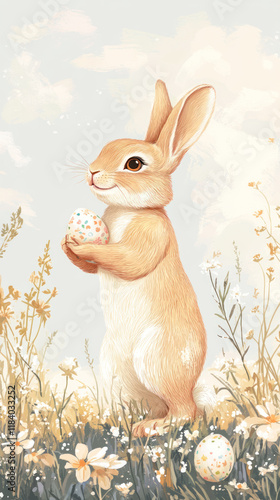 Easter bunny on a meadow with flowers and Easter eggs. Egg hunt. Easter concept. Vertical orientation.