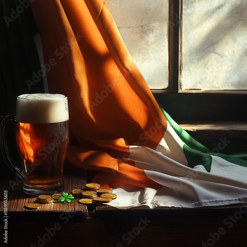 Pint of beer with Irish flag and shamrock decor photo