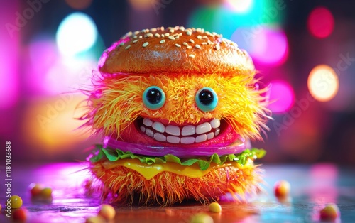 cute bright furry monster burger smiled and happy