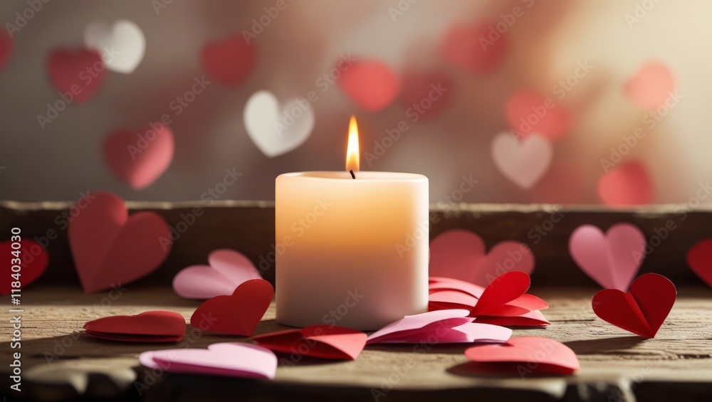 A glowing white candle sits atop a rustic wooden table, surrounded by colorful paper hearts, enhancing a romantic atmosphere that invites warmth and affection. A glowing white candle sits atop a rustic wooden table, surrounded by colorful paper hearts, enhancing a romantic atmosphere that invites warmth and affection.