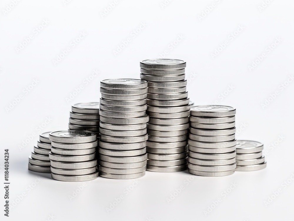 Stacked Silver Coins in an Isolated Arrangement for Financial, Investment, or Wealth Concepts on a Clean White Background Stacked Silver Coins in an Isolated Arrangement for Financial, Investment, or Wealth Concepts on a Clean White Background