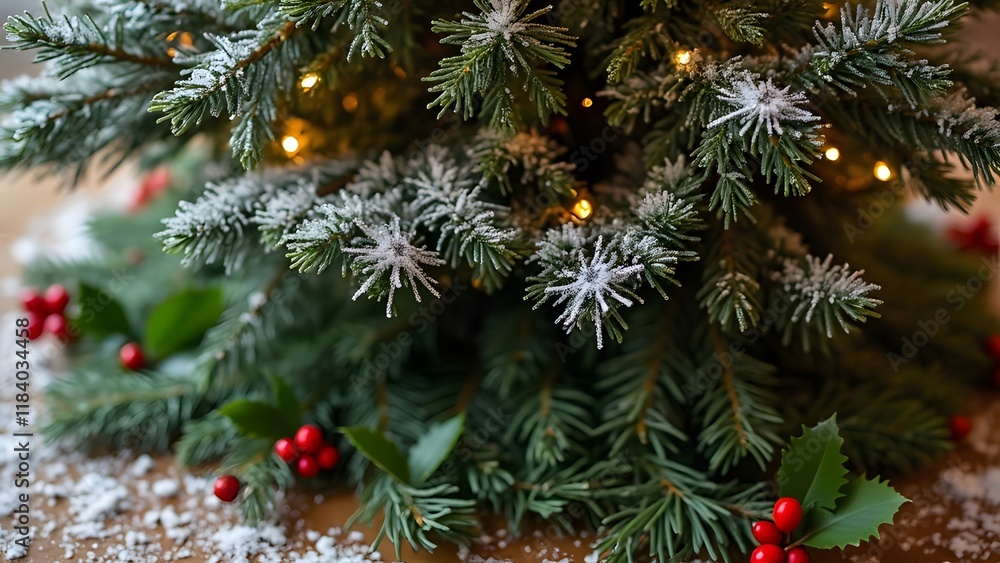 Frosted Christmas Tree Branches with Holly Berries and Evergreen Sprigs - Winter Holiday Decor Frosted Christmas Tree Branches with Holly Berries and Evergreen Sprigs - Winter Holiday Decor
