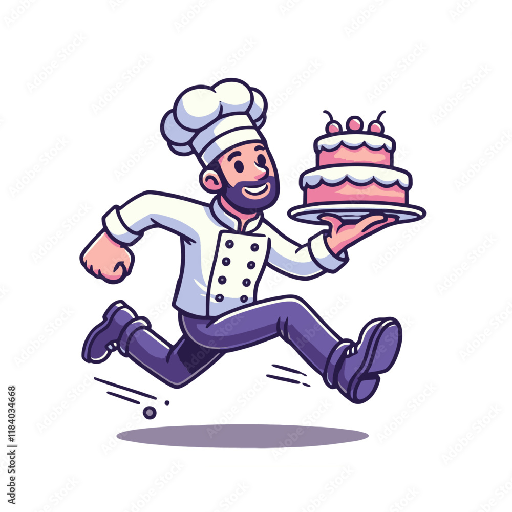 Cheerful cartoon chef running with a decorated cake on a plate, looking happy and energetic. Perfect for bakery, celebration, or culinary-themed designs. Isolated vector illustration. Cheerful cartoon chef running with a decorated cake on a plate, looking happy and energetic. Perfect for bakery, celebration, or culinary-themed designs. Isolated vector illustration.