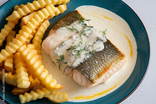 a plate with fish fillet in a creamy white sauce, accompanied by crinkle-cut fries photo