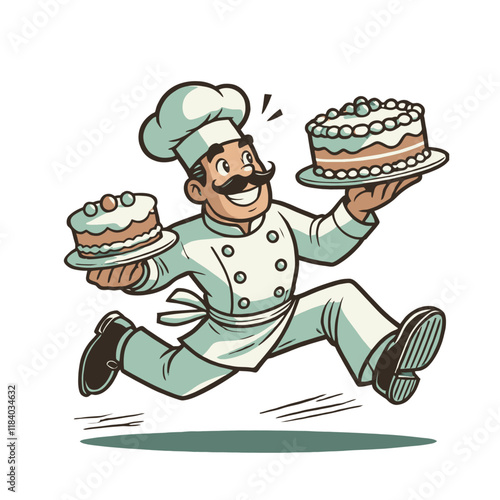 Energetic cartoon chef running while holding two decorated cakes, smiling with joy. Perfect for bakery, culinary, or festive-themed designs. Isolated vector illustration.