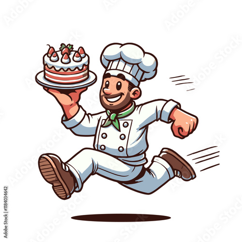 Cheerful cartoon chef running with a layered cake topped with strawberries, looking excited and energetic. Ideal for bakery, celebration, or culinary-themed designs. Isolated vector illustration.