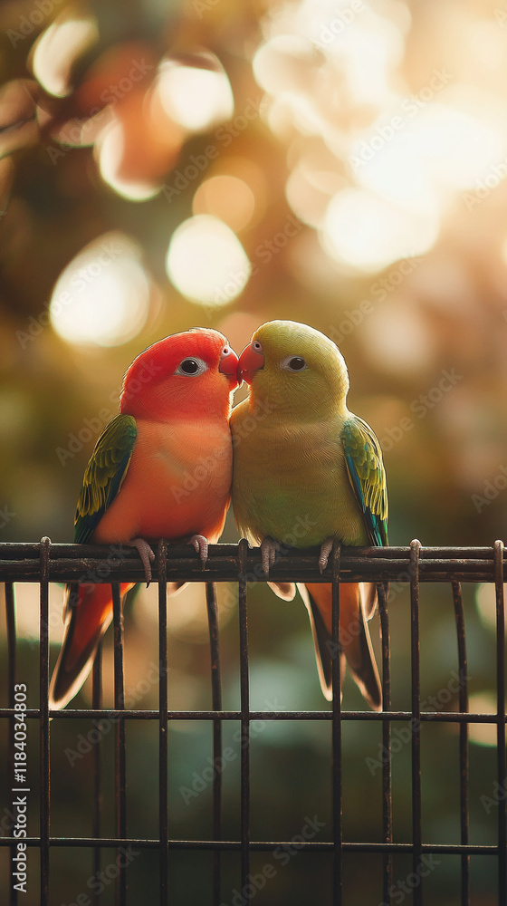 Obraz premium Two lovebirds perched on a branch in warm evening light