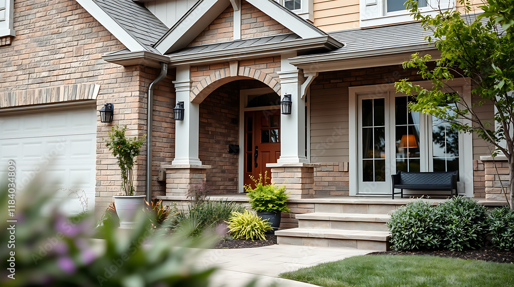 Obraz premium A suburban home's front entrance features stone facade, arched entryway, brown door, and double windows. Landscaping includes shrubs and potted plants. Steps lead up to the porch.