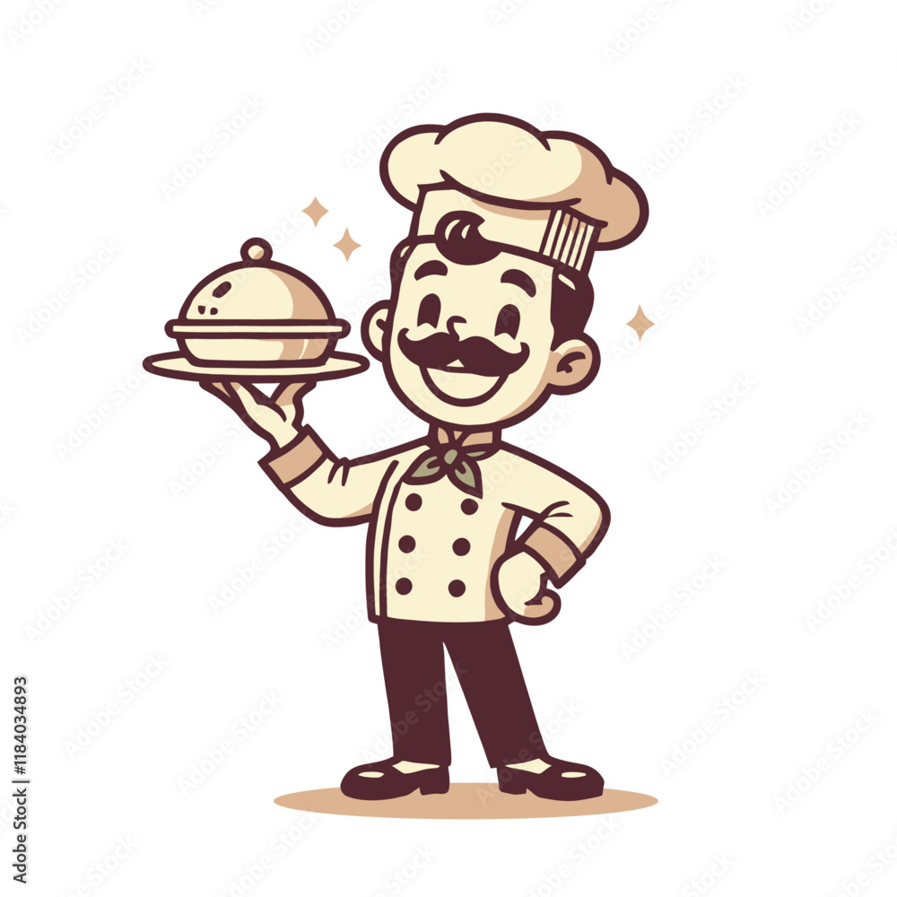 Classic cartoon chef holding a covered dish, smiling confidently. Perfect for restaurant, culinary, or catering-themed designs. Isolated vector illustration. Classic cartoon chef holding a covered dish, smiling confidently. Perfect for restaurant, culinary, or catering-themed designs. Isolated vector illustration.