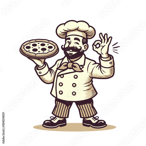 Classic cartoon chef holding a pizza and giving an OK sign, showcasing confidence and satisfaction. Ideal for culinary, pizzeria, or food-themed designs. Isolated vector illustration.