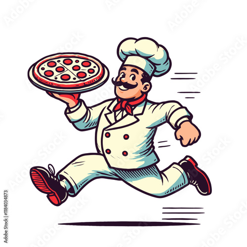 Energetic cartoon chef running with a freshly baked pizza, smiling with excitement. Great for pizzeria, culinary, or delivery-themed designs. Isolated vector illustration.