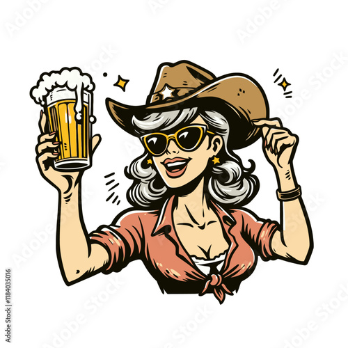 Confident cartoon cowgirl wearing sunglasses and holding a frothy beer mug with a festive smile. Perfect for bar, party, or countryside-themed designs. Isolated vector illustration.