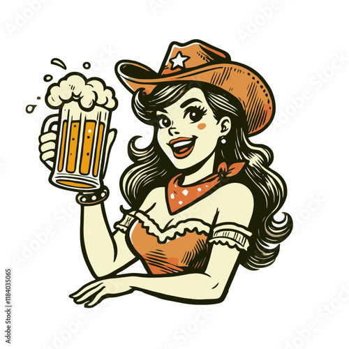 Charming cartoon cowgirl in a cowboy hat holding a frothy beer mug, smiling warmly. Ideal for bar, party, or Western-themed illustrations. Isolated vector illustration.
