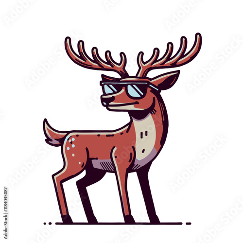 Stylish cartoon deer wearing sunglasses, standing confidently with a cool attitude. Perfect for wildlife, festive, or trendy-themed designs. Isolated vector illustration.