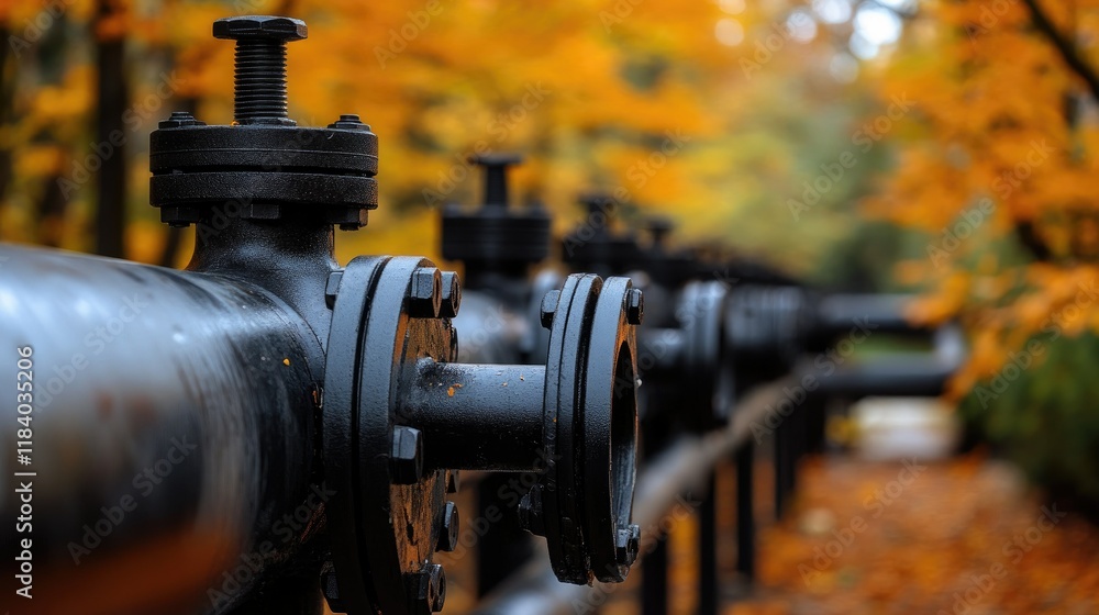 A close-up of advanced pipeline fittings, with autumn foliage in the background blending technology with seasonal charm. A close-up of advanced pipeline fittings, with autumn foliage in the background blending technology with seasonal charm.