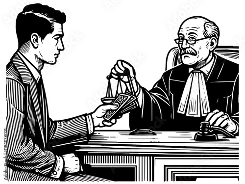 Man Paying Judge with Cash engraving vector