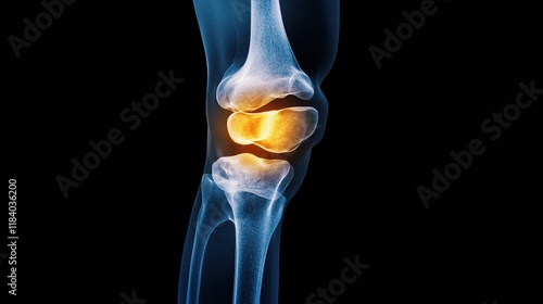 An X-ray blue of a knee with the knee joint highlighted in yellow