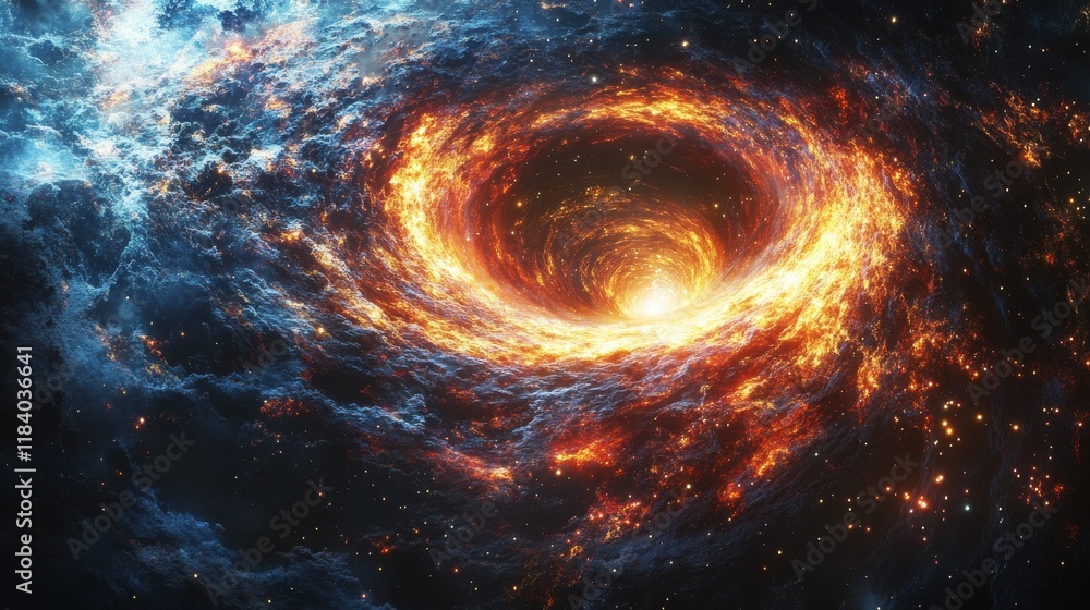 Fiery cosmic vortex black hole abstract. Galaxy space nebula, singularity. Orange blue glowing wormhole event horizon Fiery cosmic vortex black hole abstract. Galaxy space nebula, singularity. Orange blue glowing wormhole event horizon