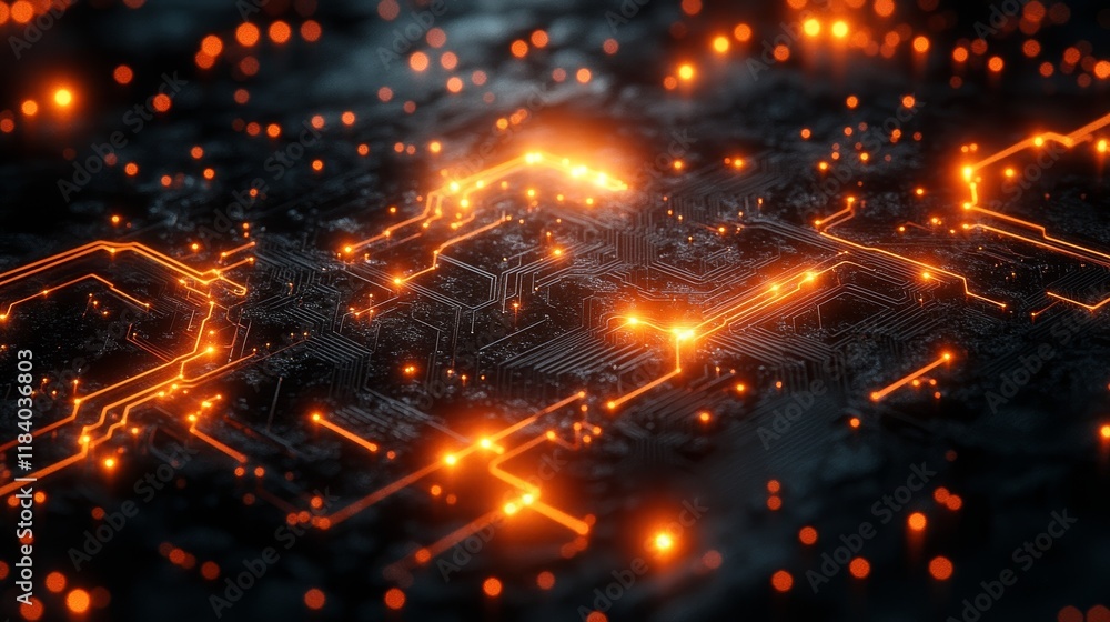 Glowing circuit board digital art. Orange lights illuminate complex tech. Detailed electronic pattern background Glowing circuit board digital art. Orange lights illuminate complex tech. Detailed electronic pattern background