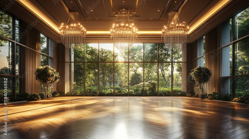Fototapeta premium A contemporary ballroom featuring glittering chandeliers, a polished wooden floor, and breathtaking garden scenery through its wide windows