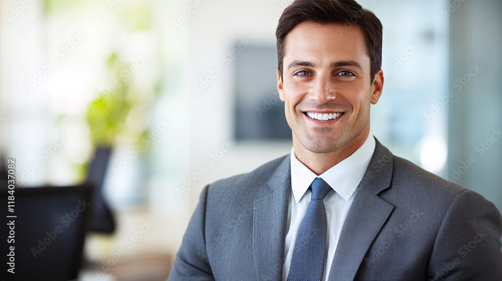 Smiling businessman in modern office environment. Represents professional success and workplace positivity Smiling businessman in modern office environment. Represents professional success and workplace positivity