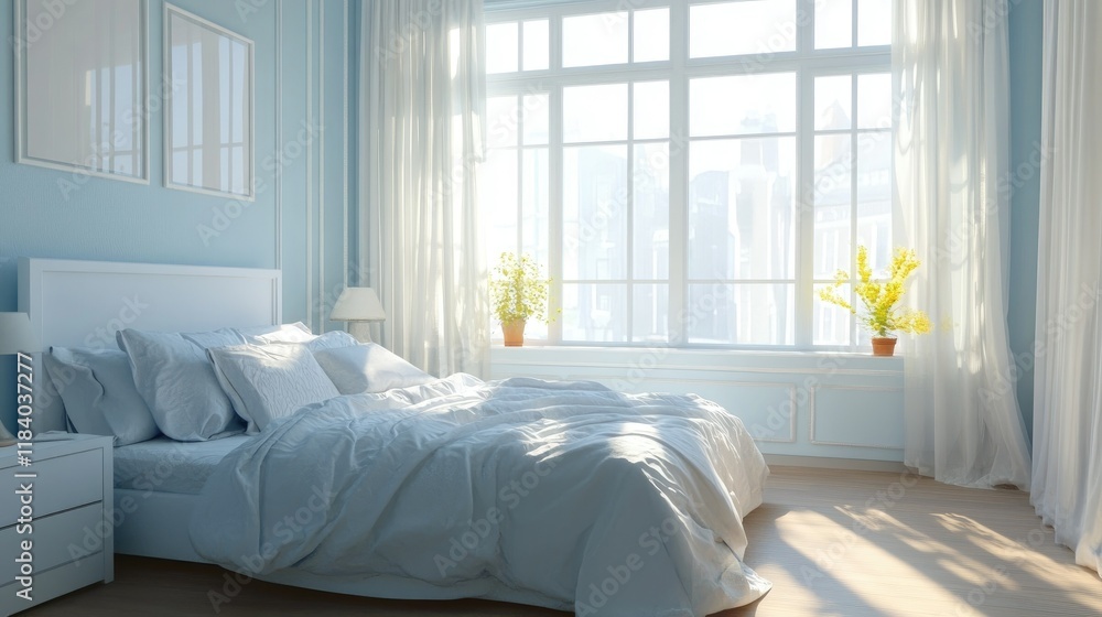 A cozy and elegant bedroom featuring a light blue and white design, a comfortable bed, and bright, airy windows. A cozy and elegant bedroom featuring a light blue and white design, a comfortable bed, and bright, airy windows.