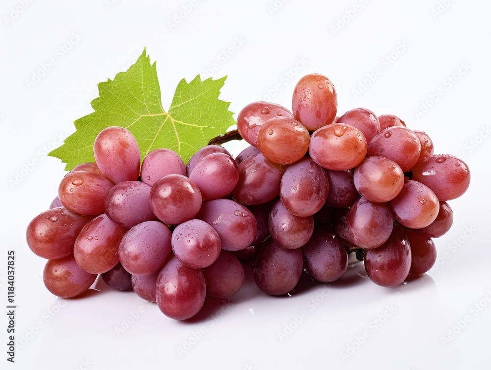 Fototapeta premium Isolated Red Grapes with Green Leaf Perfect for Red Wine Production and Culinary Uses in High-Quality Stock Photography